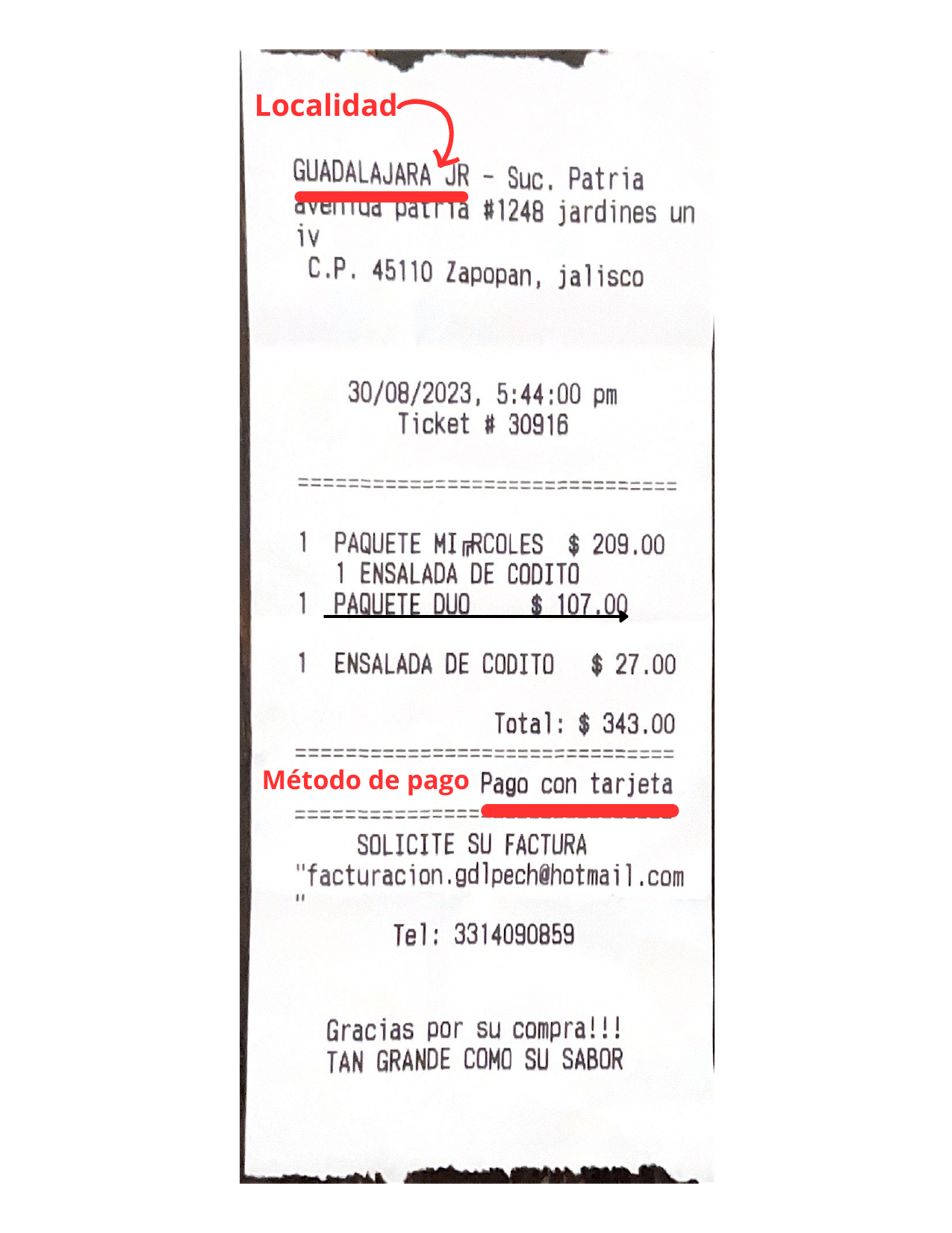 Ticket de compra de El Pechugón señalando dónde se encuentran los datos para facturar