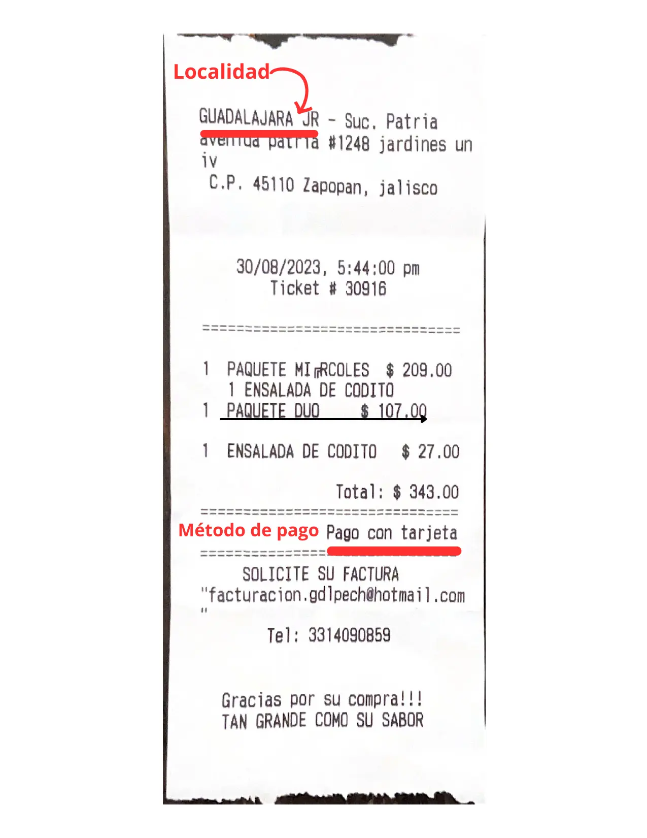 Ticket de compra de El Pechugón señalando dónde se encuentran los datos para facturar